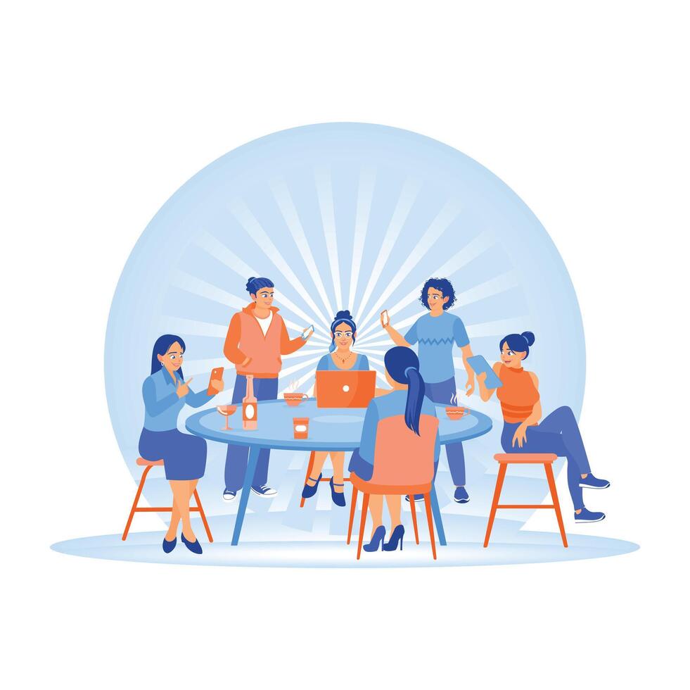 A group of young people gather and socialize using digital devices. vector