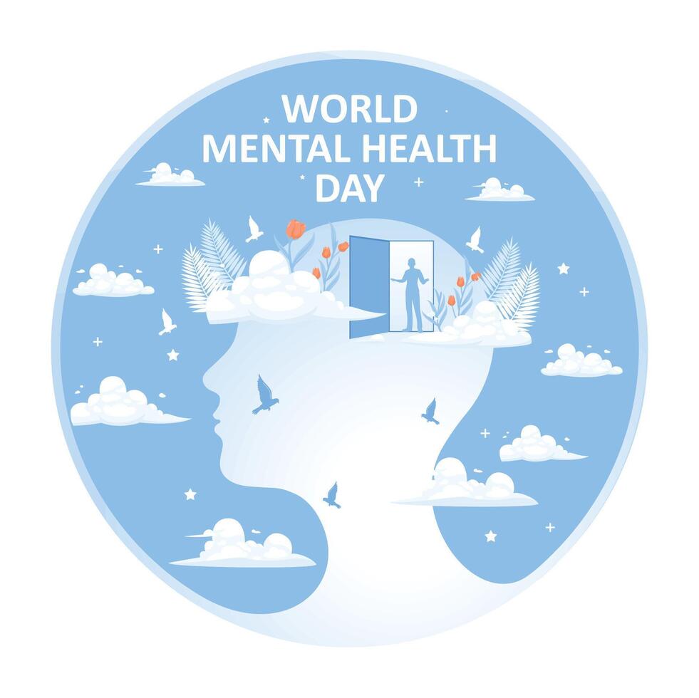 Illustration of World Mental Health Day with an image of a human head and an open door. vector