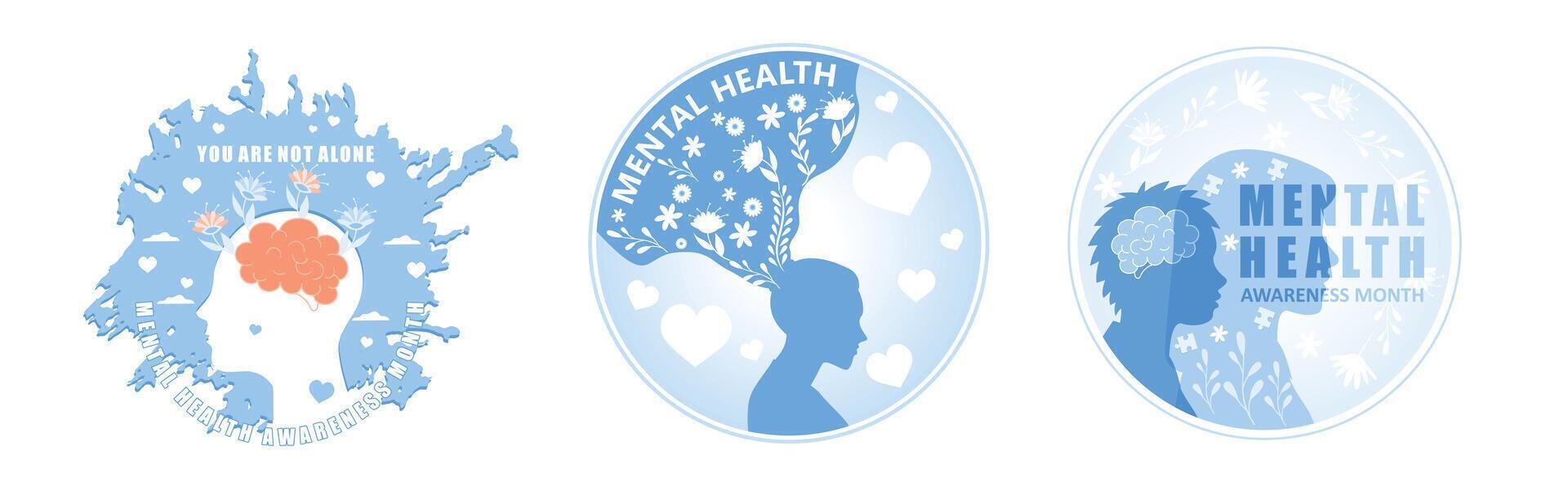 Mental Health Awareness Poster. with silhouettes, brain, and floral elements. vector
