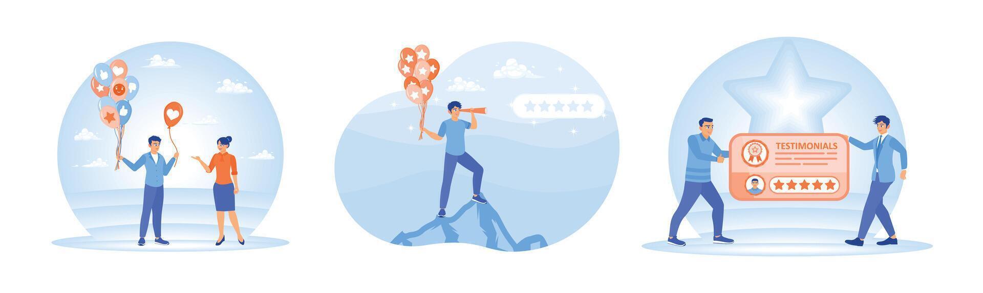 Business illustrations showcasing customer satisfaction and testimonials using stars and balloons. vector