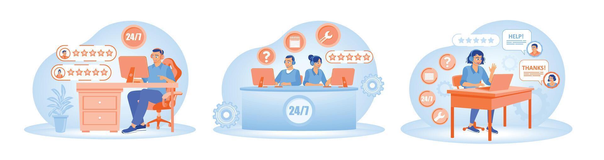 Illustration of customer support representatives providing assistance 24 7. vector