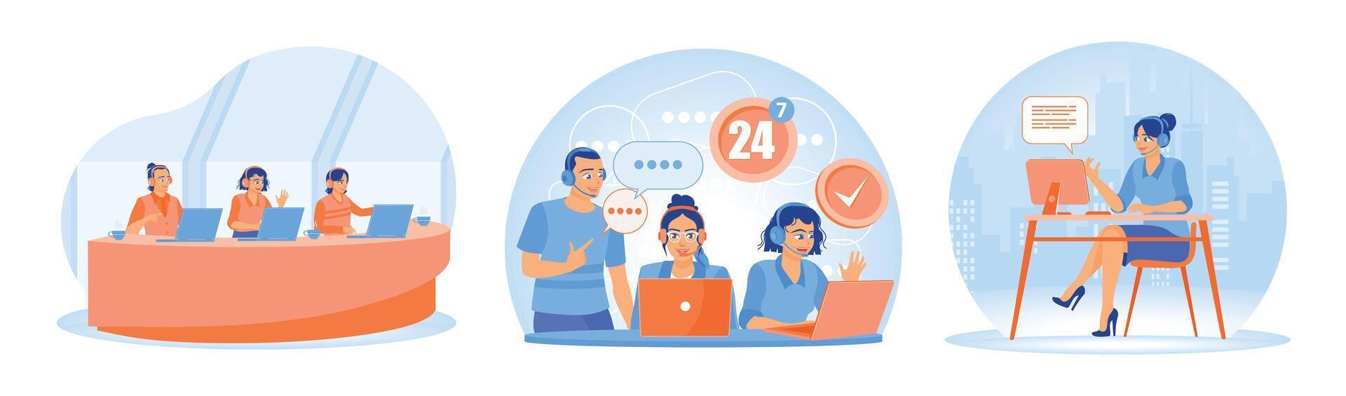 Customer service representatives provides online technical assistance 24 7. vector