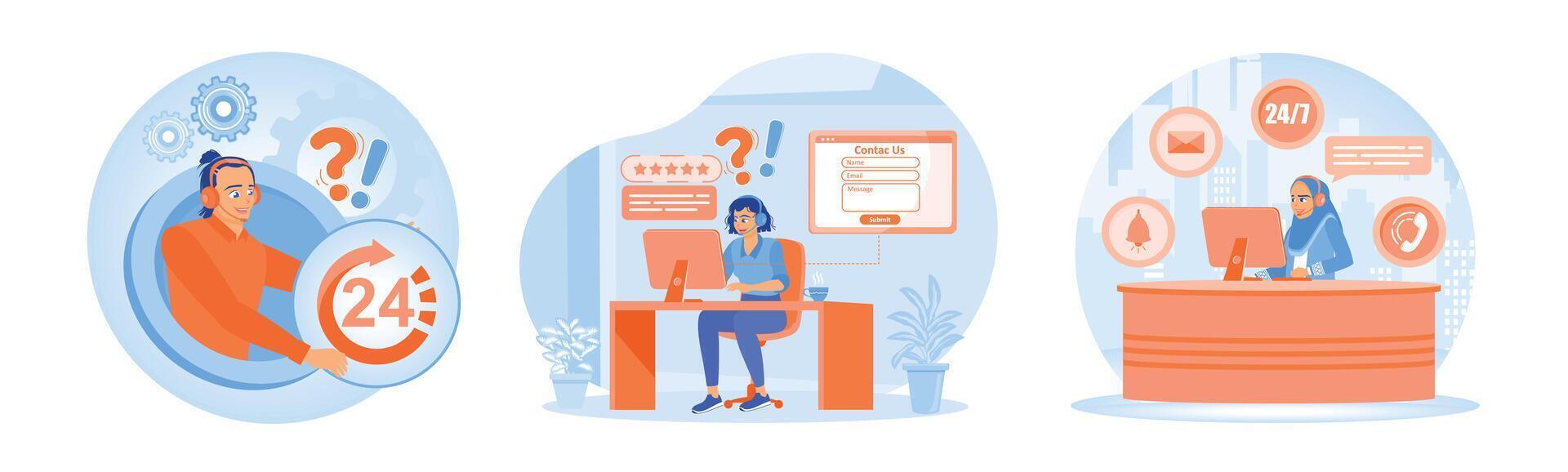 Customer support illustrations depicting communication, service, and 24 7 availability concepts. vector