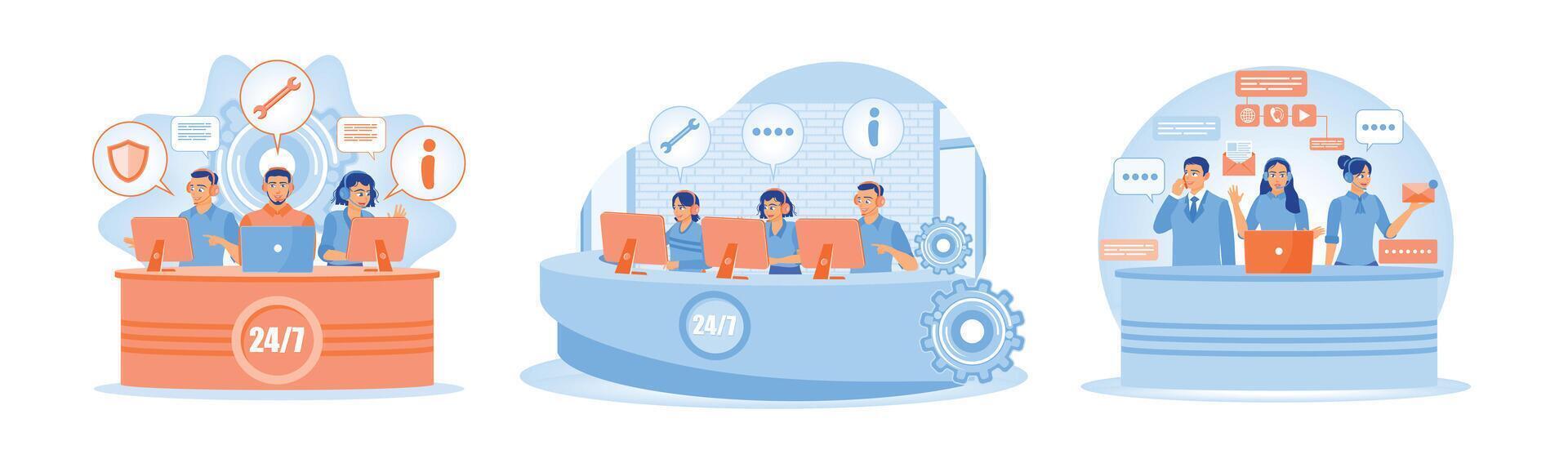 Set illustration of 24 7 customer support team on workstation. vector