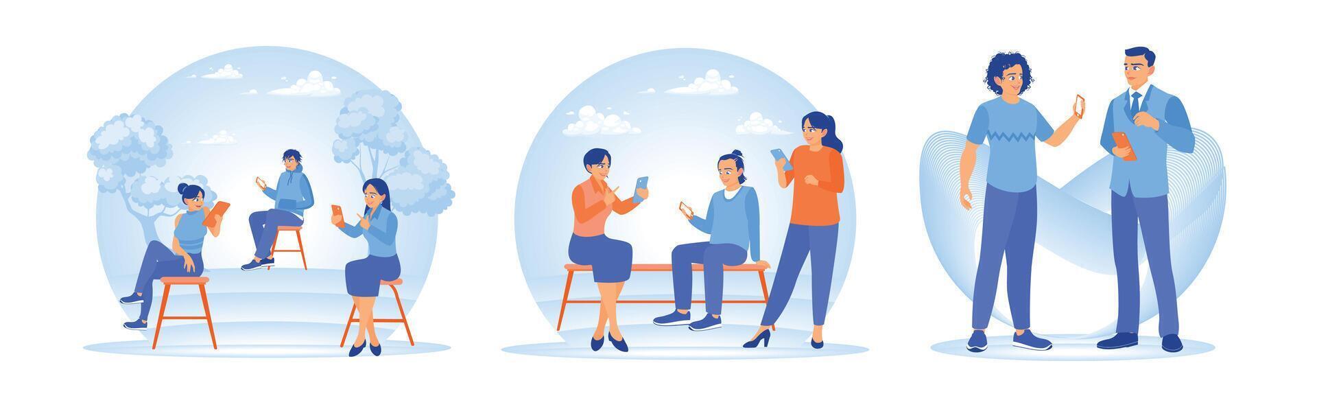 People using smartphones outdoors and interacting in social settings. vector