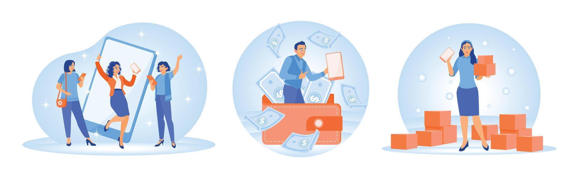 Group of People Engaged in Various Business, Sales, and Shopping Activities. vector