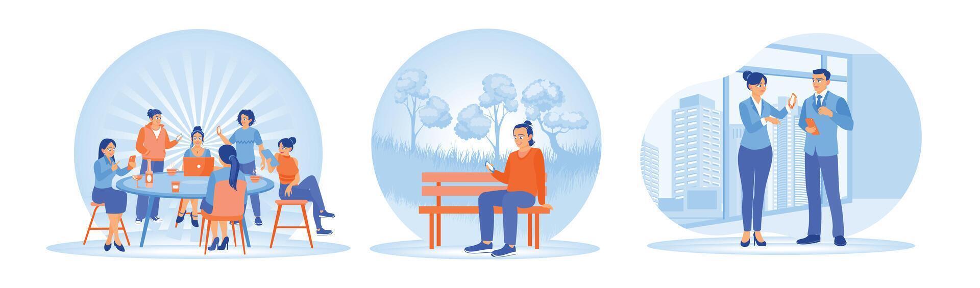 Illustrations depicting business interaction, relaxation, and group collaboration. vector