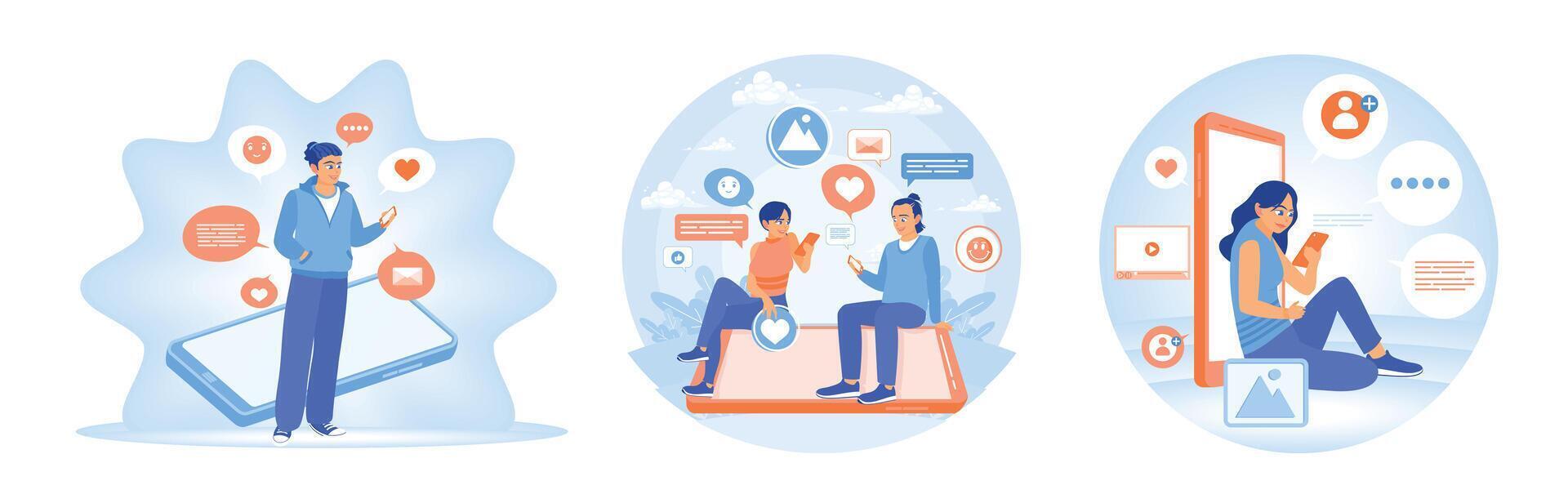 Set illustrations depicting people engaging in online interactions and digital communications. vector