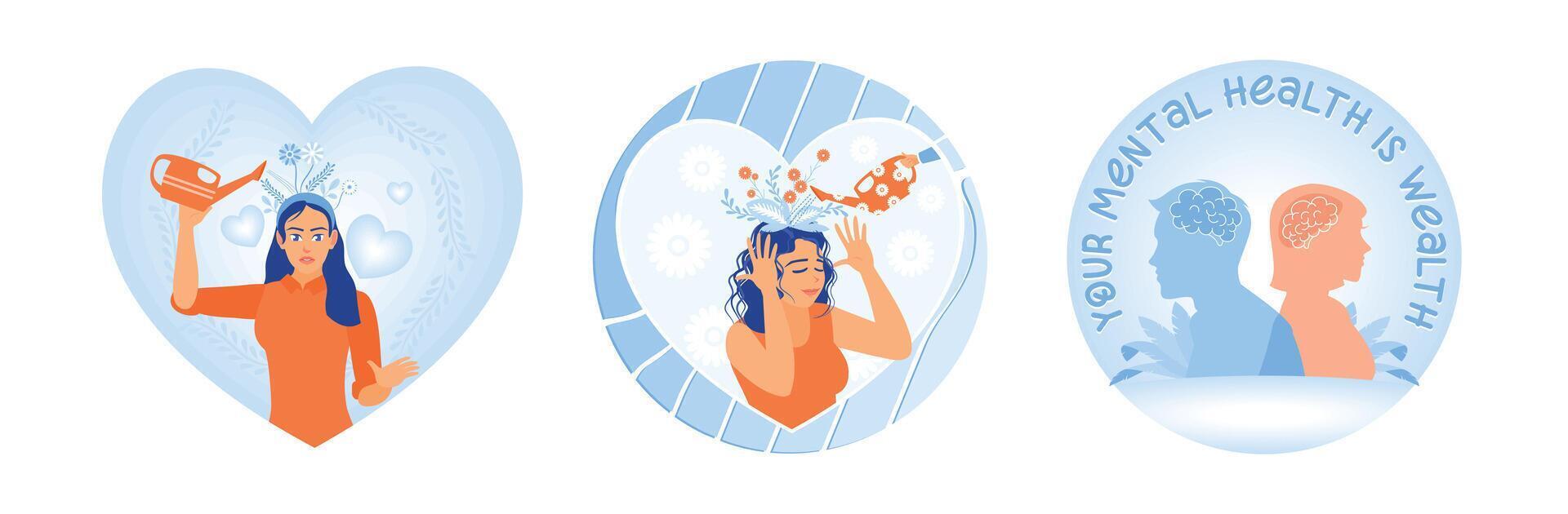 Woman manages mental health, happy thoughts,mental health awareness and well-being. vector
