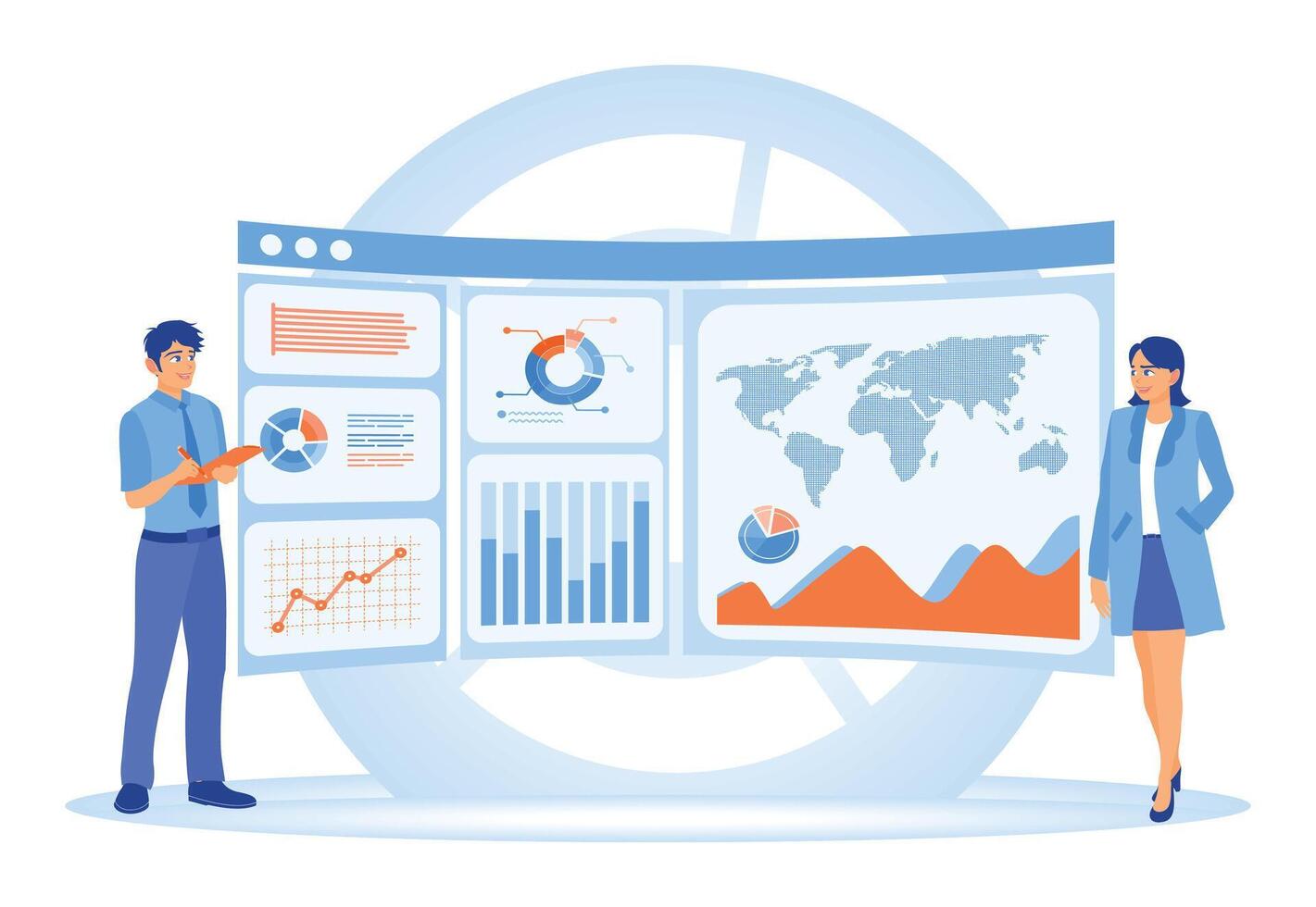 Professional business presentation with data and analysis in a digital dashboard. vector