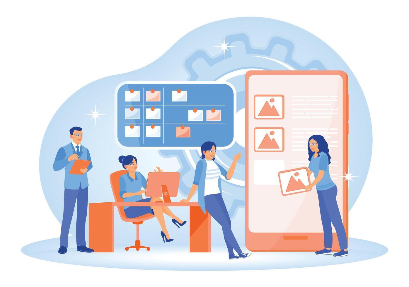 Collaborative teams review files using modern technology. vector