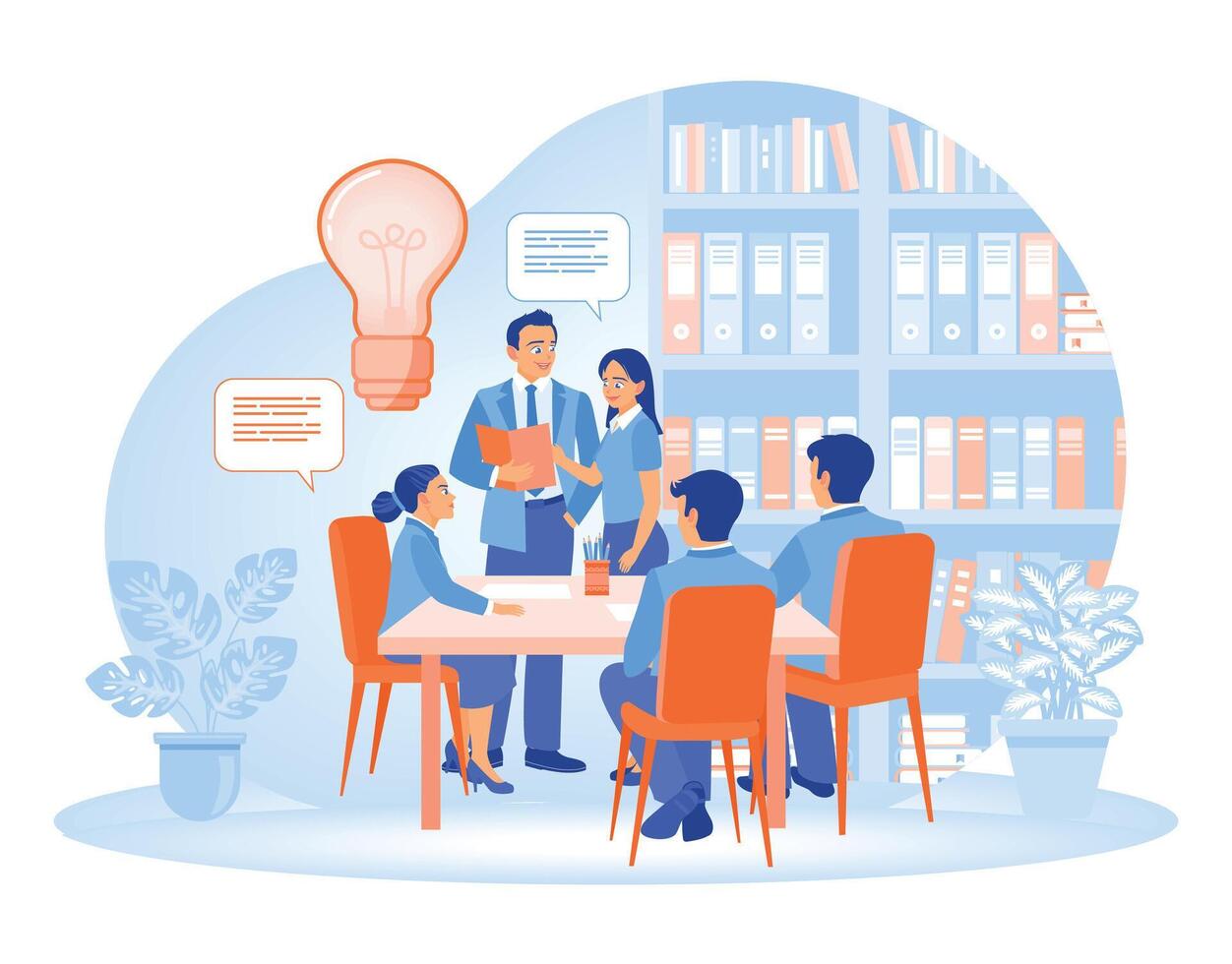 Team collaboration in an office environment by brainstorming ideas. vector