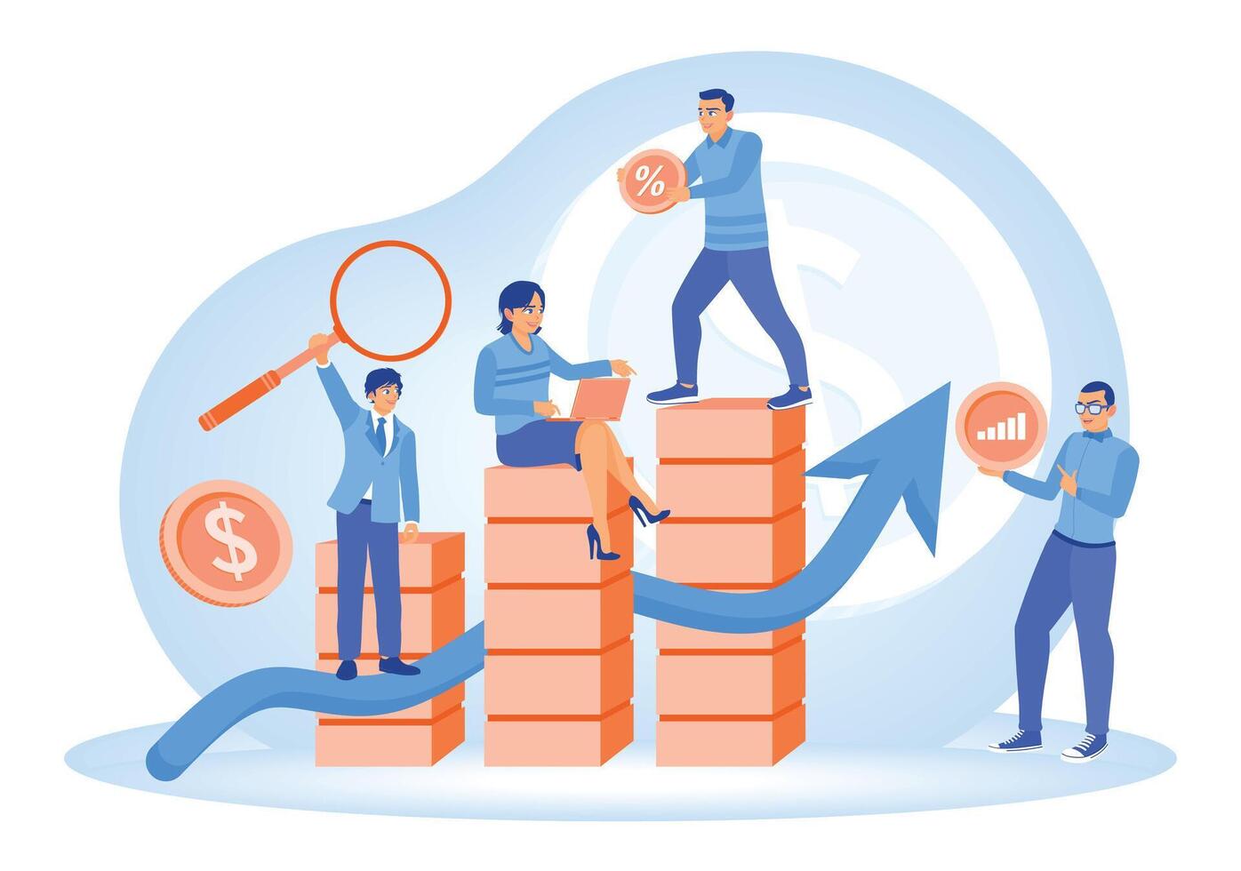 Business teams analyze growth with graphs and financial metrics. vector