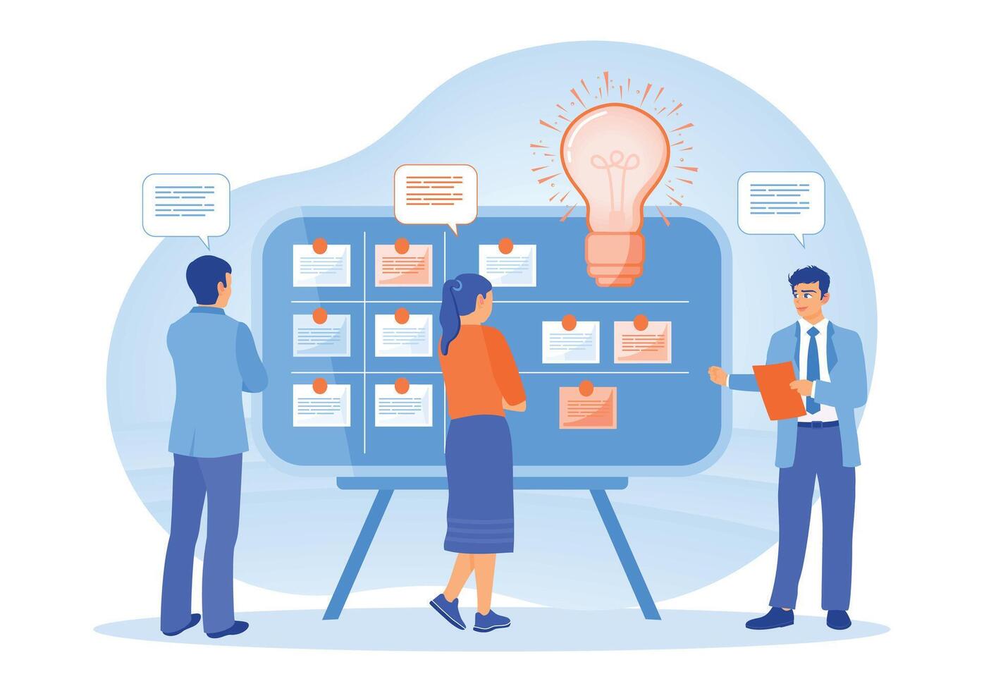Creative team brainstorming strategy on board with brilliant Ideas. vector