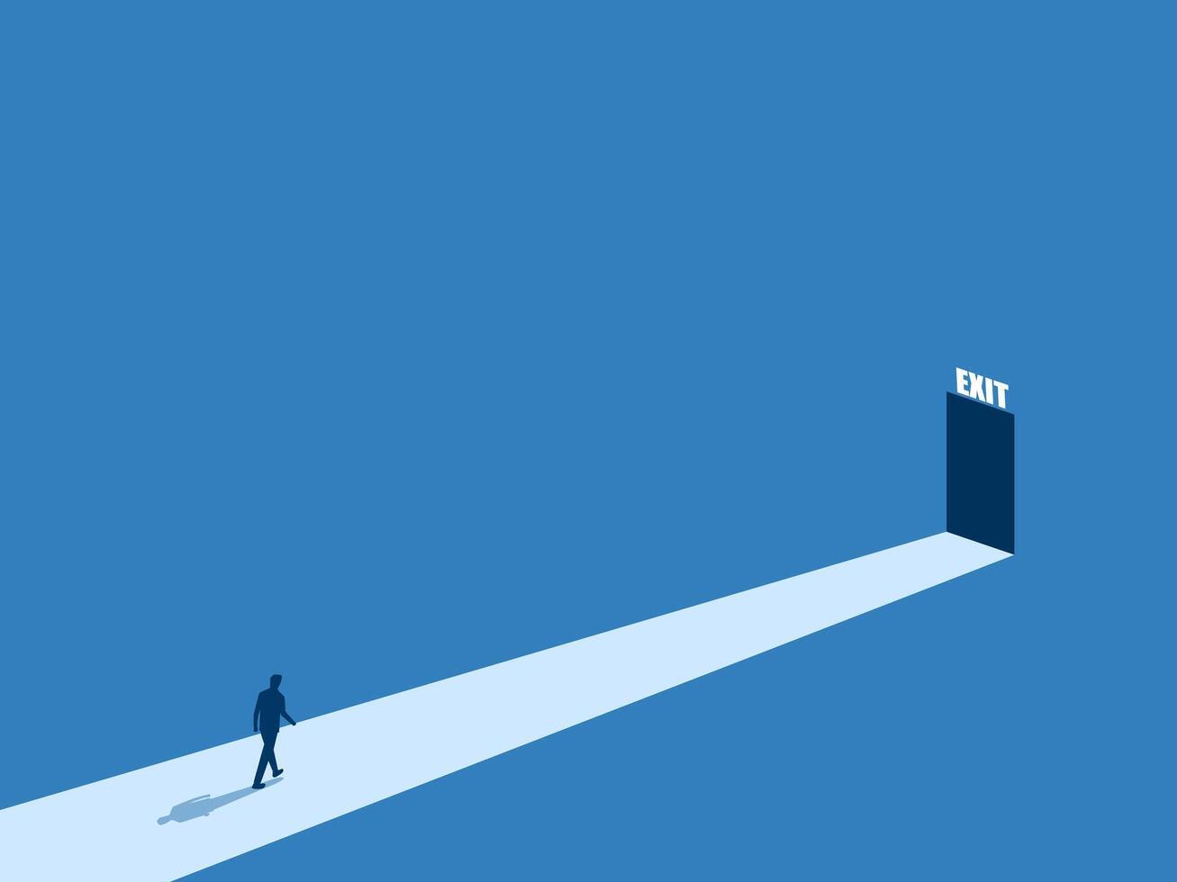 Quitting a job, seeking shelter, avoiding problems, businessman walking towards the exit vector