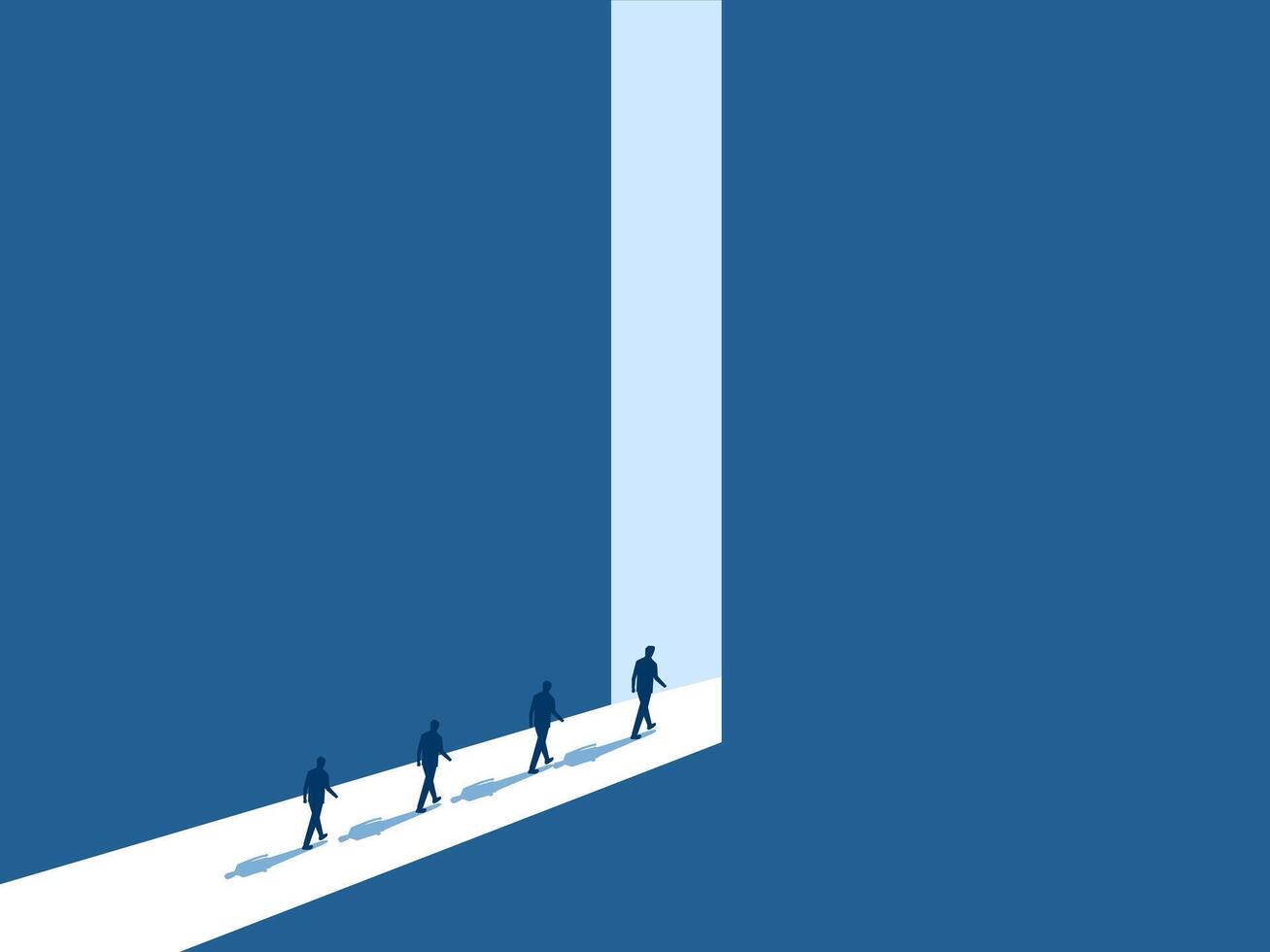 Rushing to seize new opportunities, team of businessmen walking towards the big bright door vector