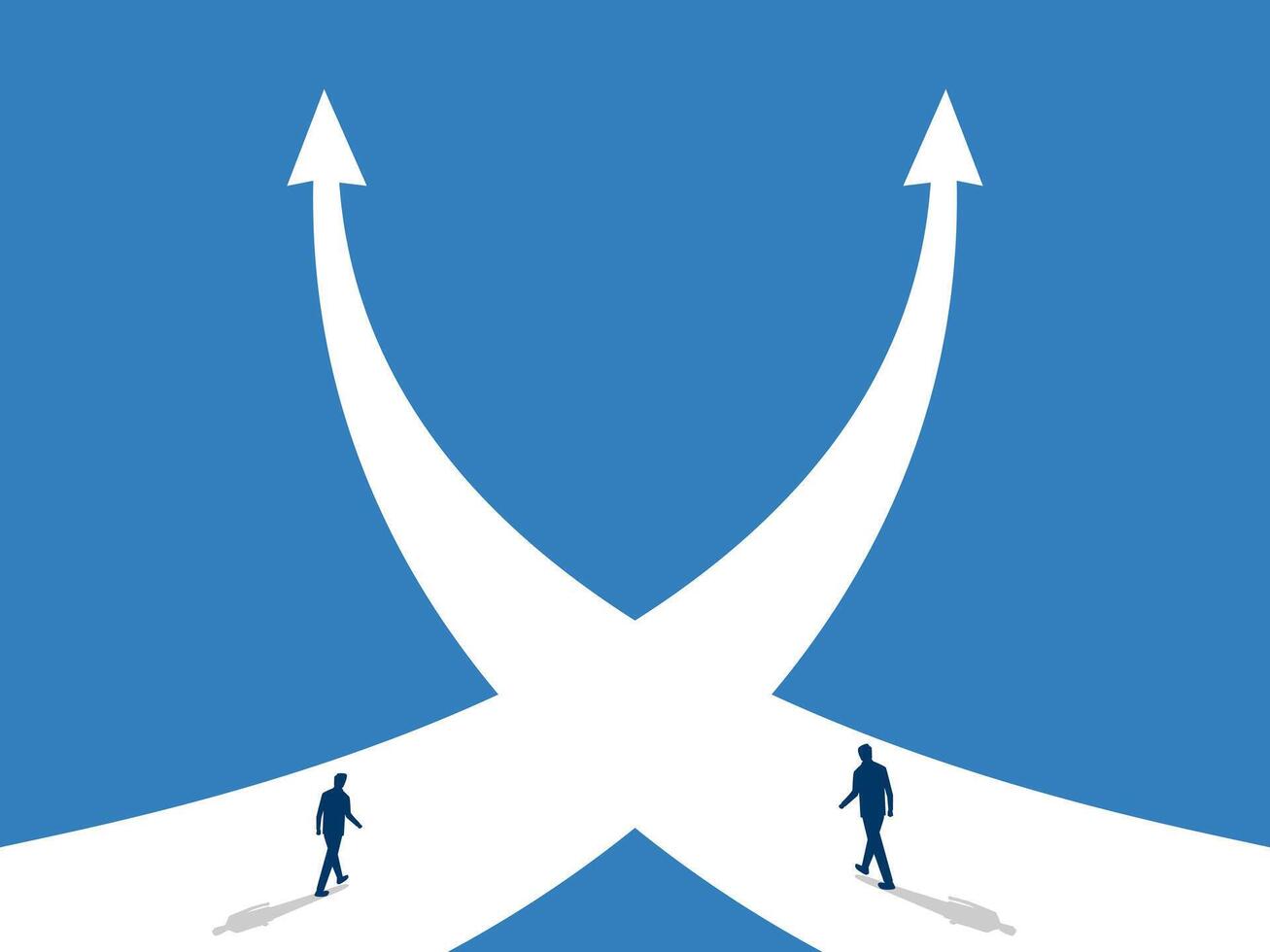 Business conflict, two businessmen with different paths vector