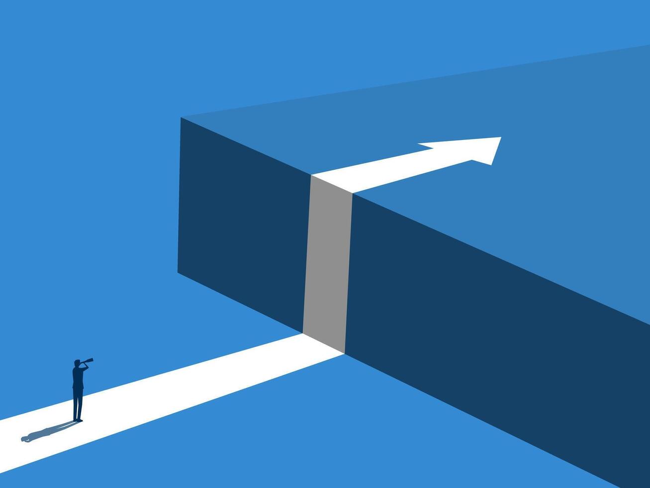 Overcoming obstacles, businessman looks into telescope to assess risks in the future of his business path vector
