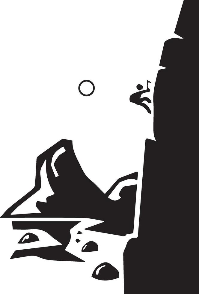 Black and White Illustration of a Person Climbing a High Cliff vector