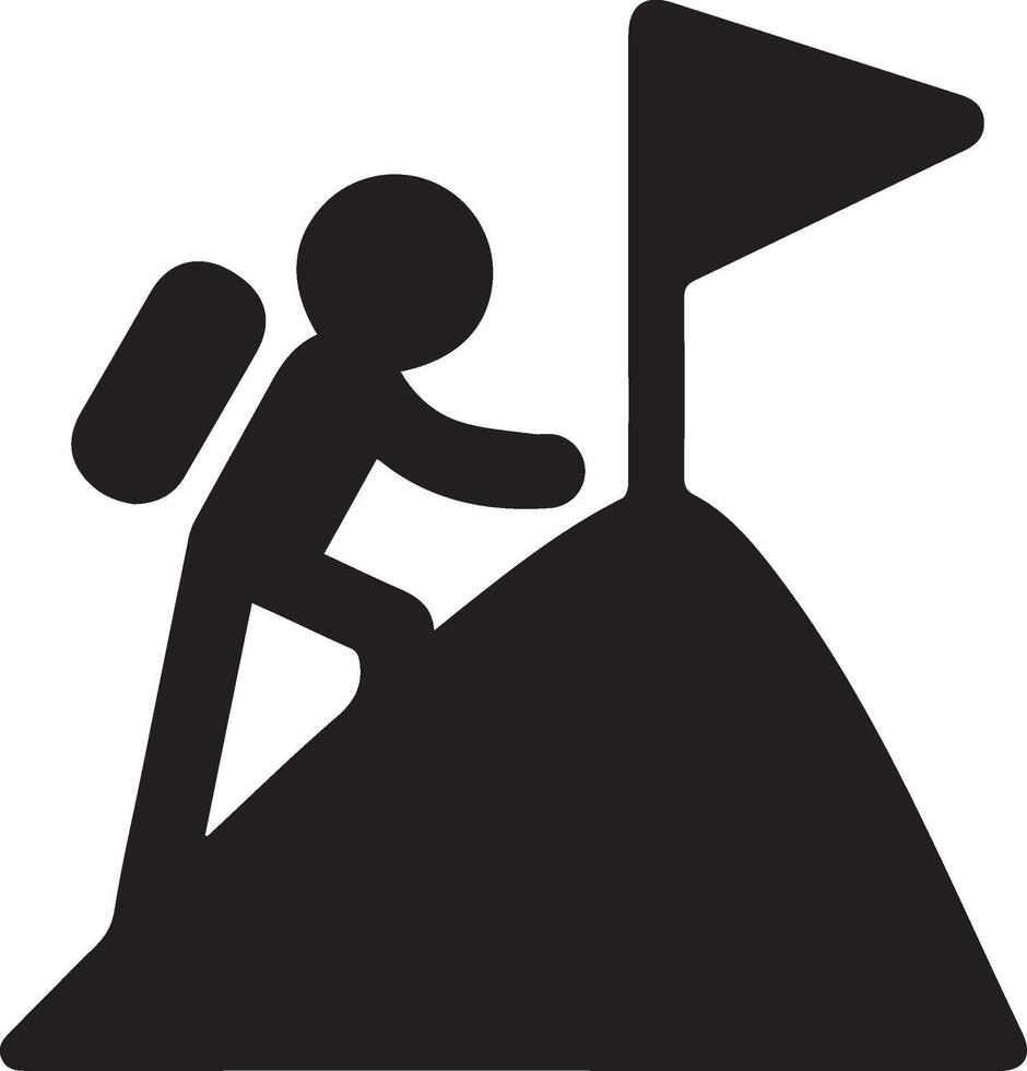 Mountain solid black and white icon with somebody and a flag vector