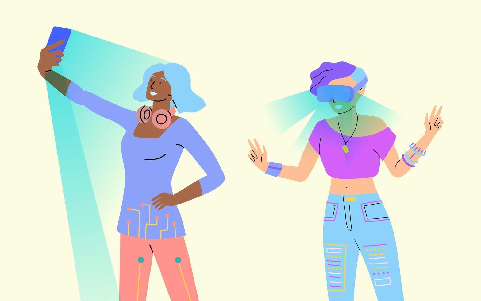 Cartoon Characters Girl with VR Glasses Connected to Virtual Space and Girl with Smartphone Set. vector