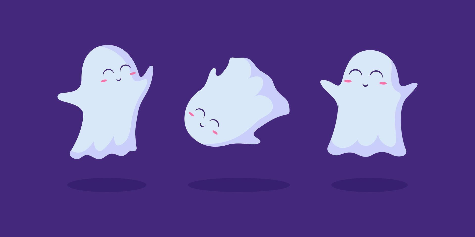 Cartoon Color Characters Happy Ghosts Flying Phantoms Set. vector