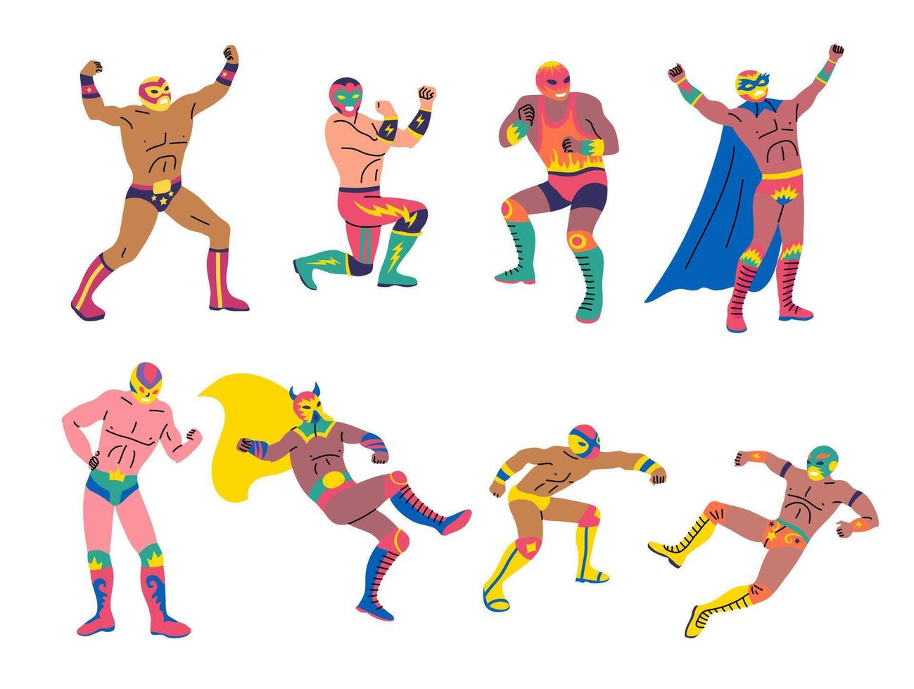 Cartoon Color Characters People Mexican Wrestlers Concept. vector