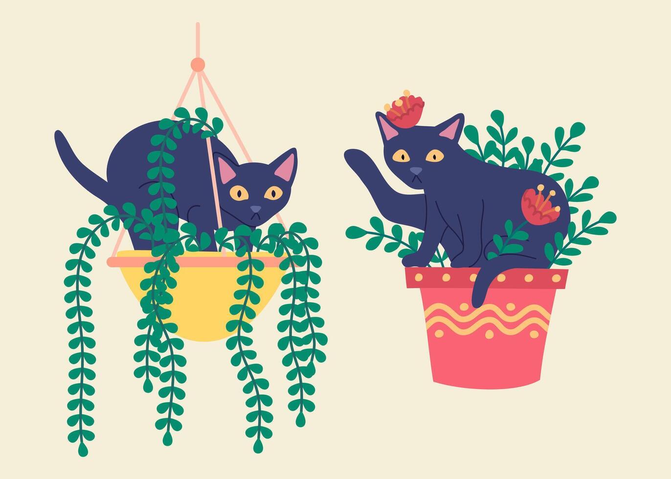 Cartoon Color Characters Cats in Pots with Fern and Plant Flowers Box Set. vector