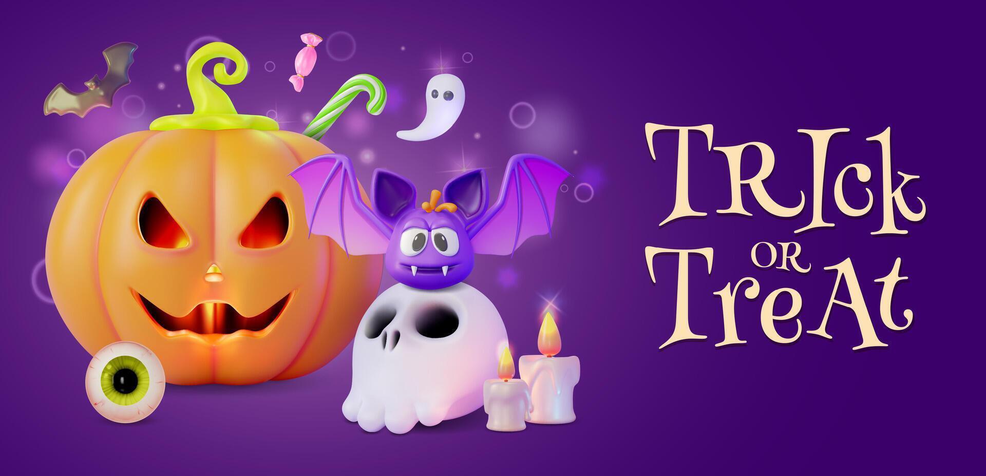 3d Happy Halloween Trick or Treat Concept Banner Poster Card. vector