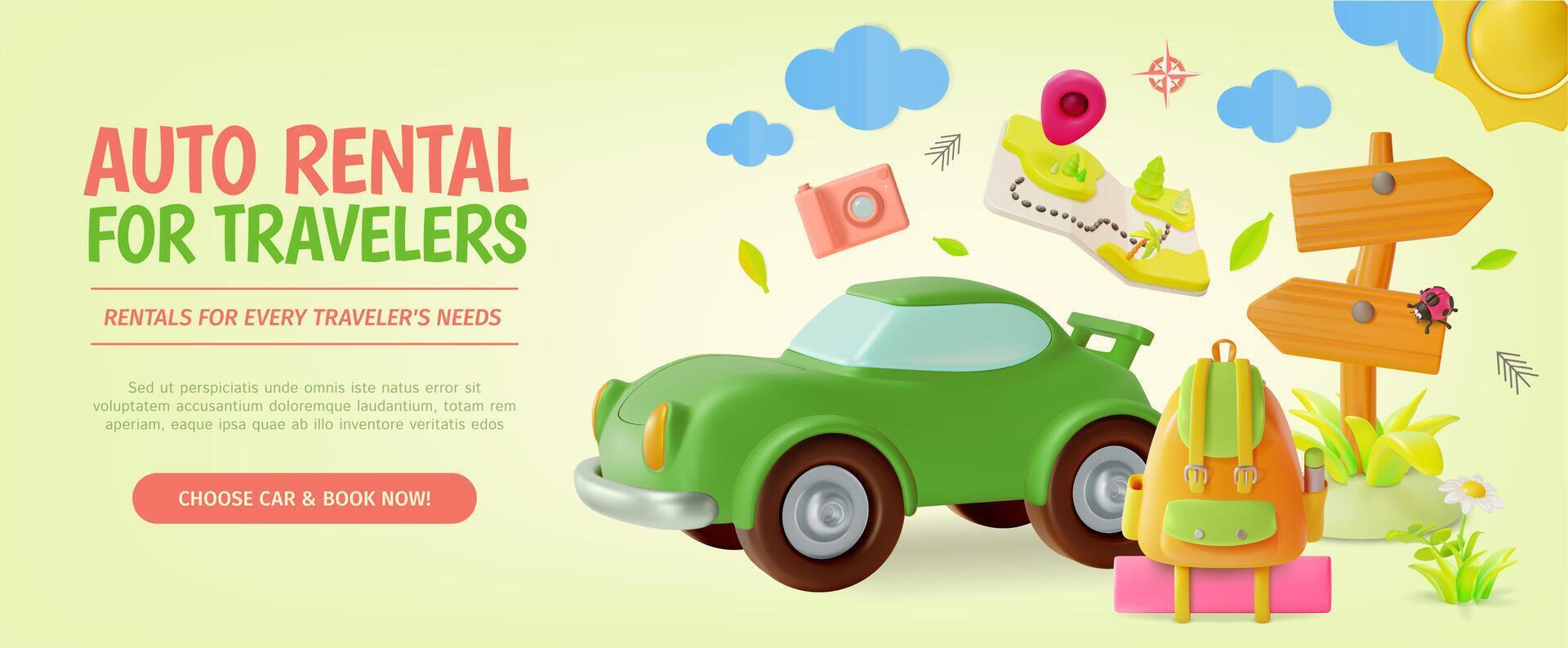 3d Auto Rental Travel and Tourism Concept Ads Banner Poster Card. vector