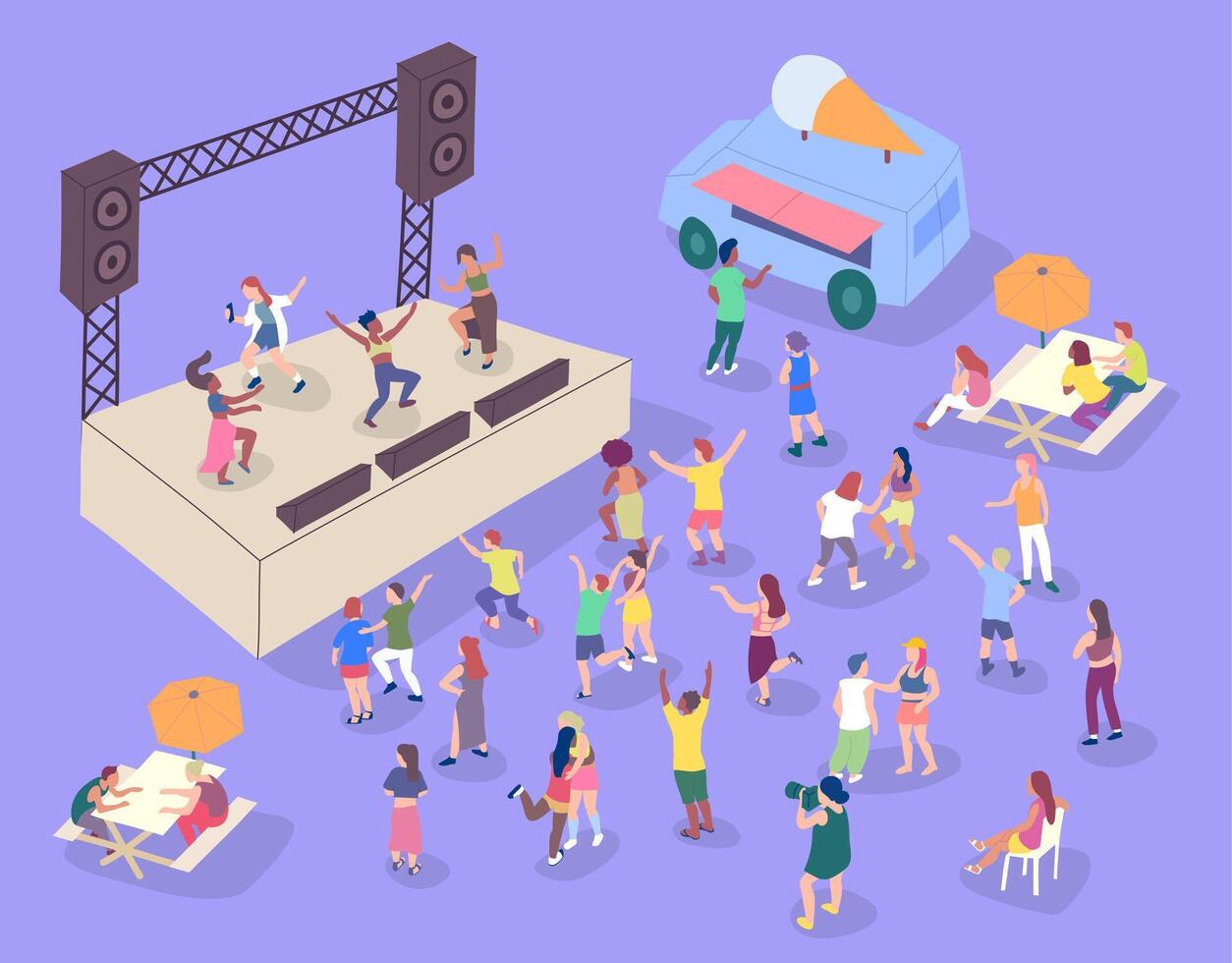 Cartoon Color Band on Stage and Crowd Dancing Street Food Caravan Trailer Around 3d Isometric View. vector