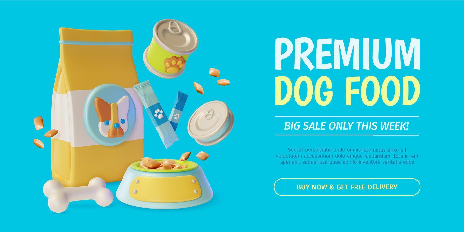 3d Premium Dog Food Big Sale and Pet Shop Concept Ads Banner Promotion Poster Card vector