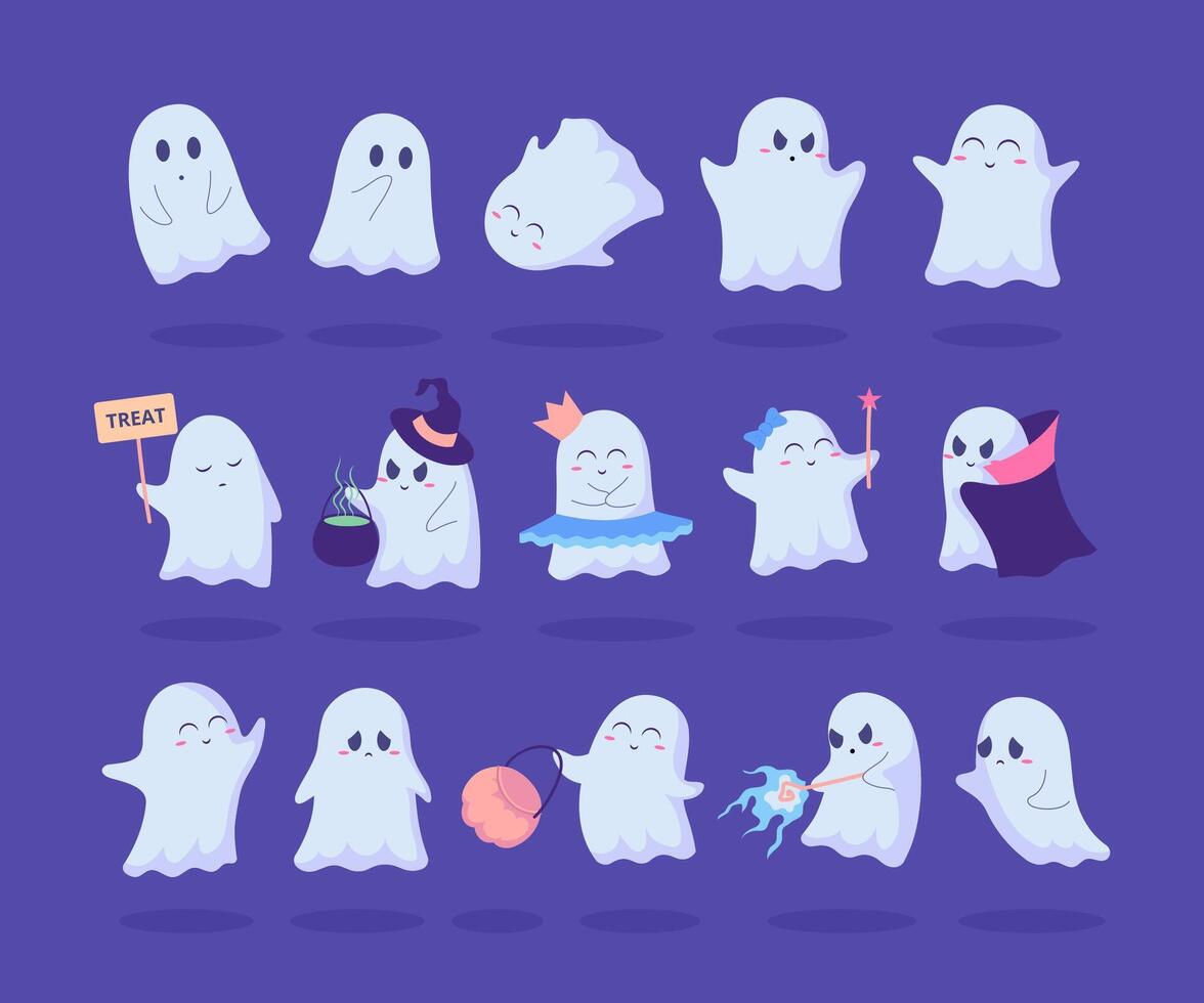Cartoon Color Various Characters Ghosts Flying Phantoms Set. vector
