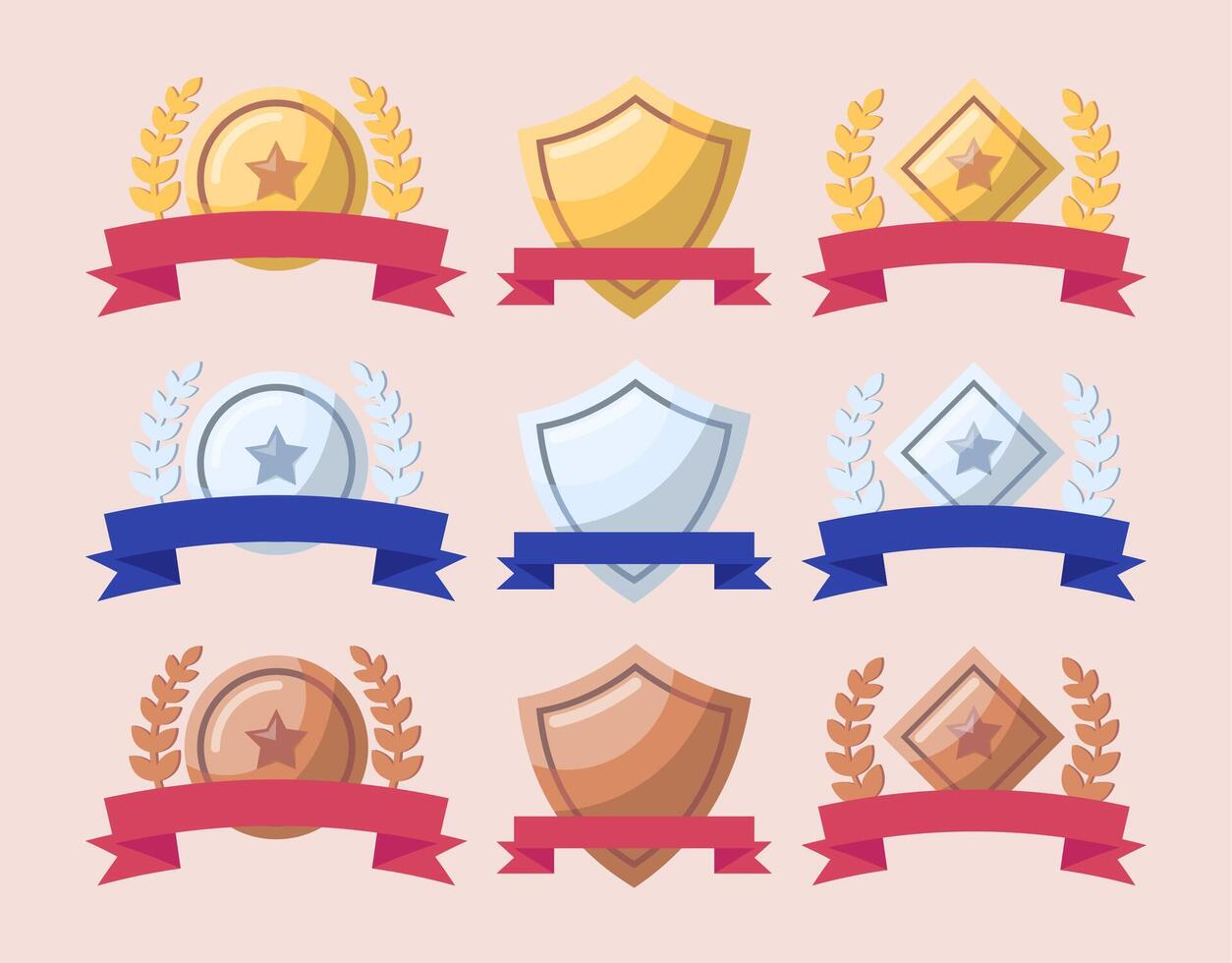 Cartoon Different Shapes Awards with Laurel Wreaths Set. vector