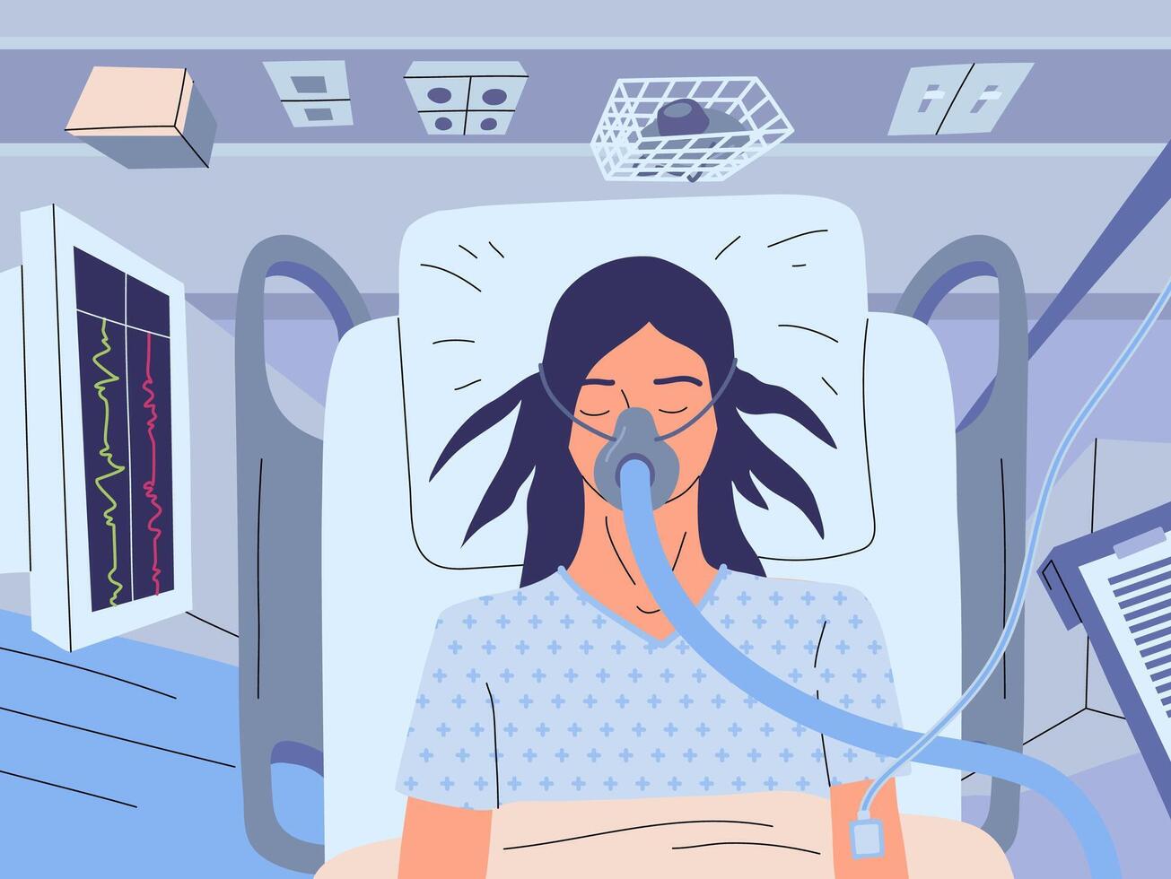 Cartoon Color Character Woman Patient with Oxygen Ventilator Mask Concept. vector