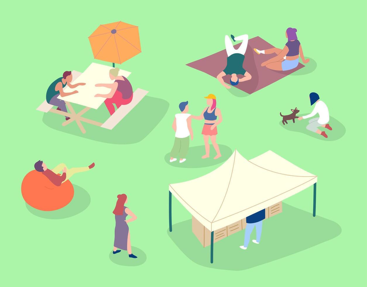 Cartoon Color Characters People Sitting on Lawn Picnic Concept. vector