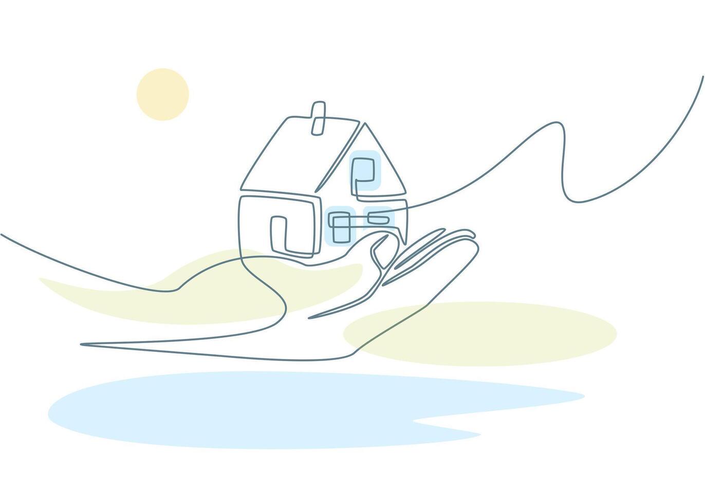 Hand Holding House Model One Continuous Line Drawing Sign Emblem. vector