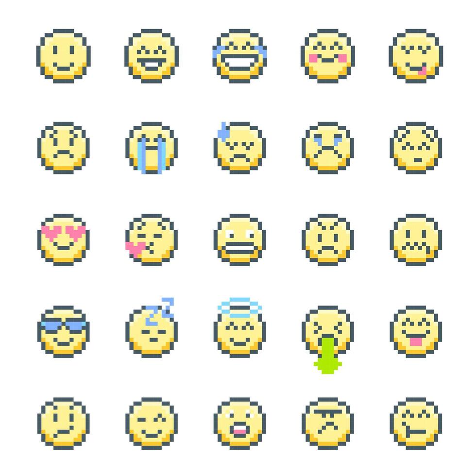 Cartoon Color Pixelated 8 Bit Emoticon with Different Emotions Cute Faces Set. vector