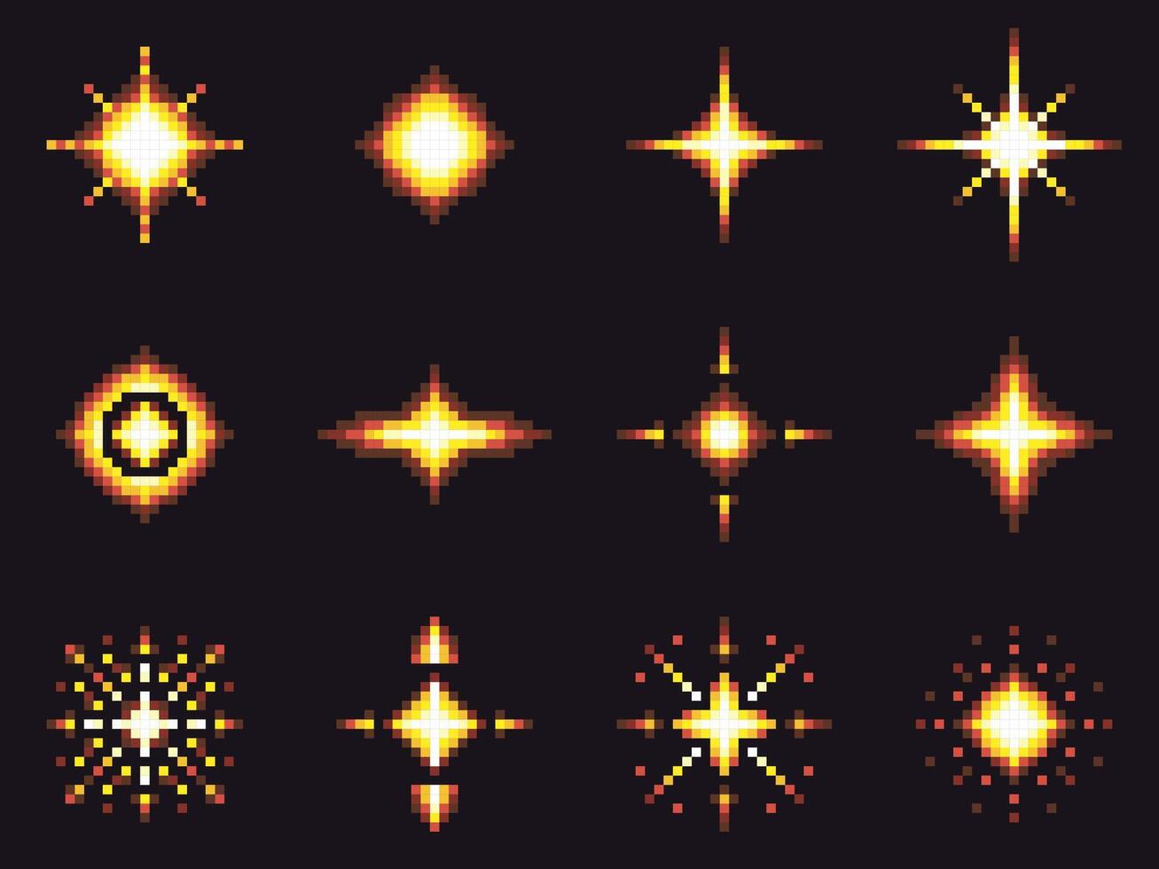 Cartoon Color Pixelated 8 Bit Light Effects Symbol of Energy Icon Set. vector