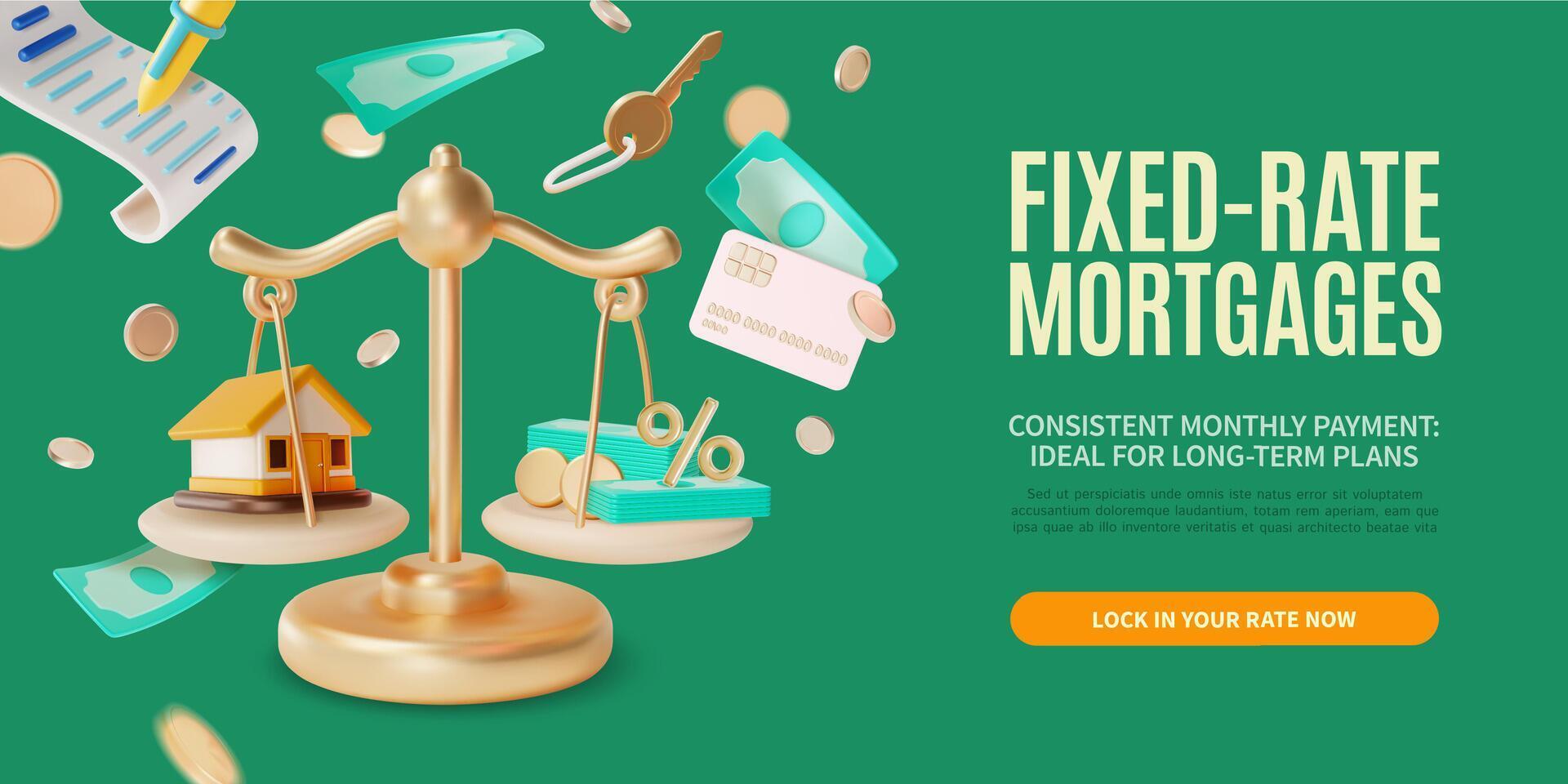 3d Fixed Rate Mortgage Concept Ads Banner Poster Card. vector