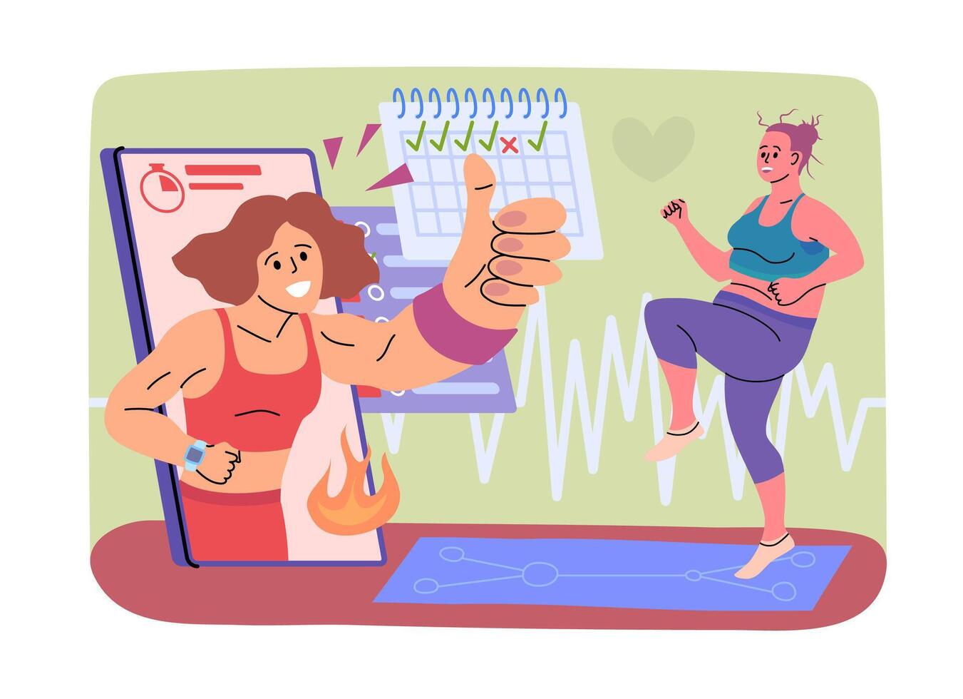Cartoon Color Character Woman and Personal Trainer Online Concept. vector