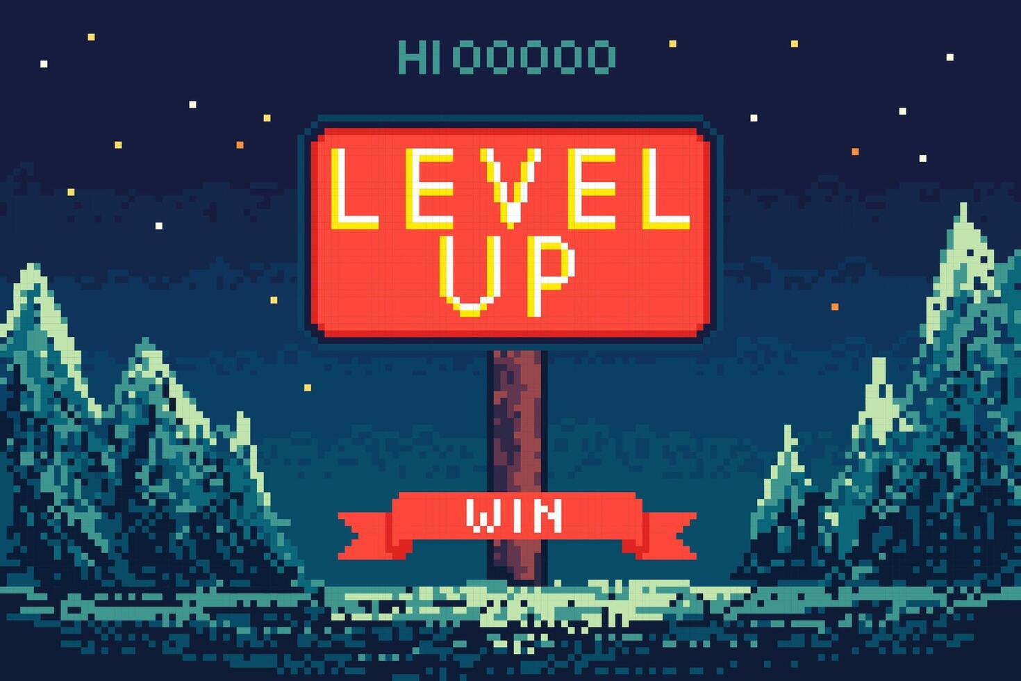 Cartoon Color Pixelated 8 Bit Level Up Screen Background. vector