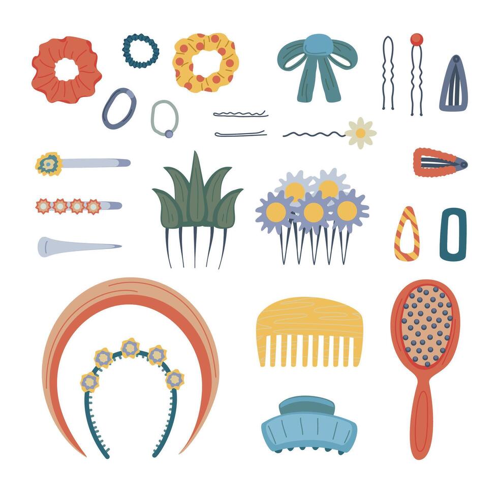Cartoon Color Different Hair Accessories Object Set. vector