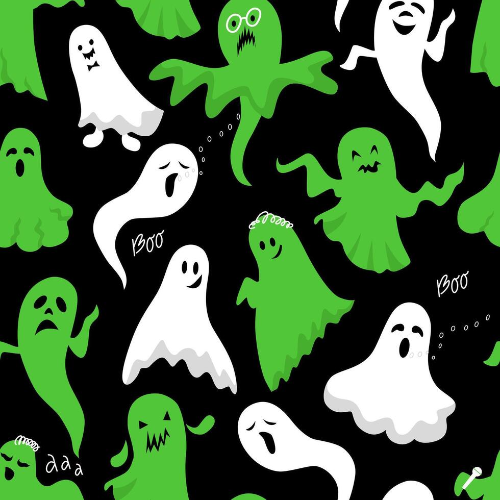 Cute creepy ghosts seamless pattern. Halloween background. Flat illustration for printing on fabric vector