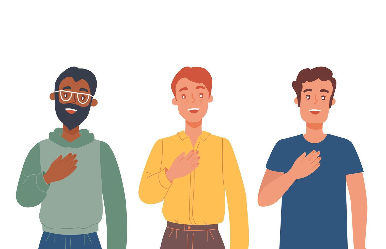 Sincere smiling men hold their hands on their chests. Sign of recognition and gratitude. vector