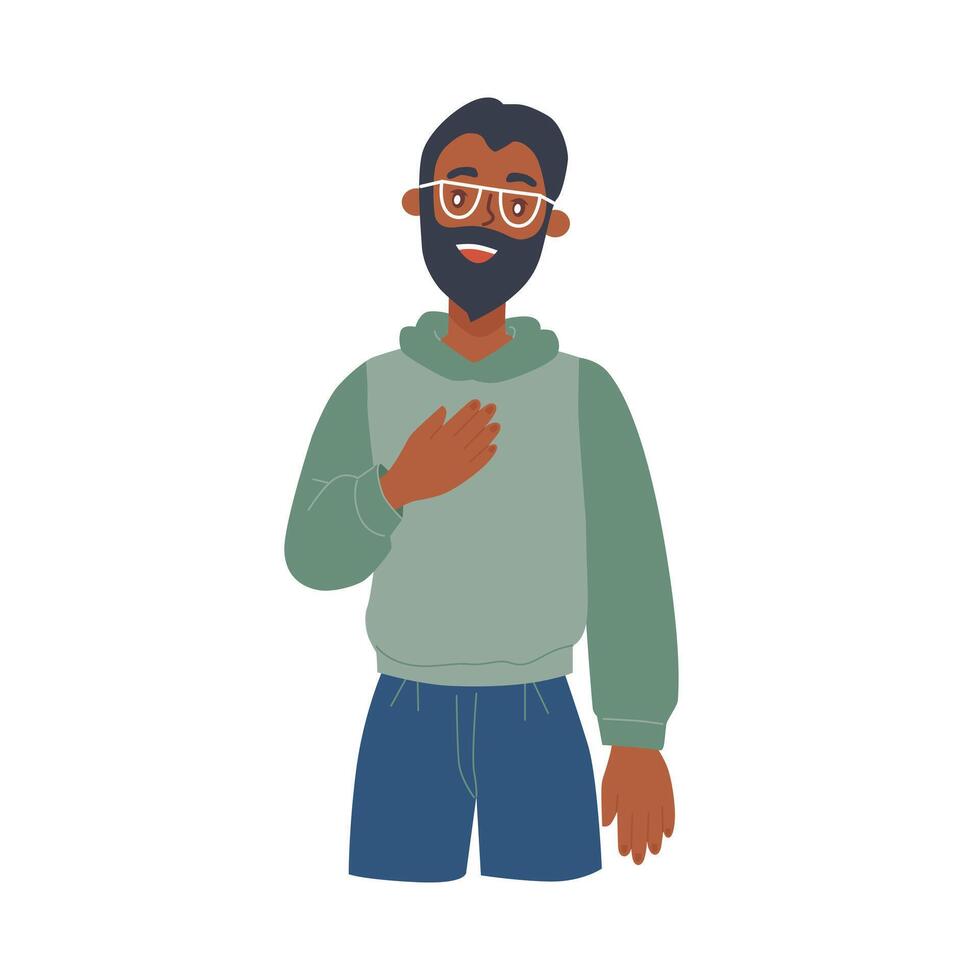 Sincere man holds his hand on his chest. Sign of recognition and gratitude. vector