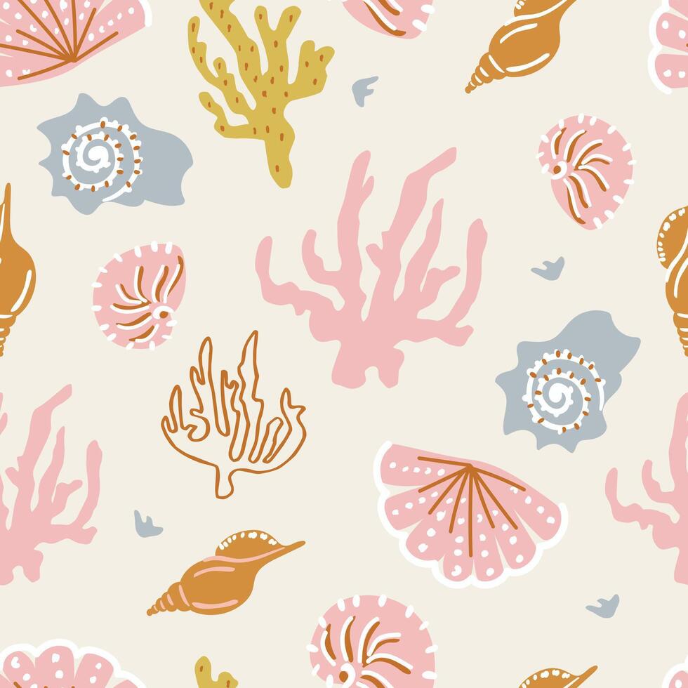Marine seamless pattern. Underwater world. Shells and corals. vector