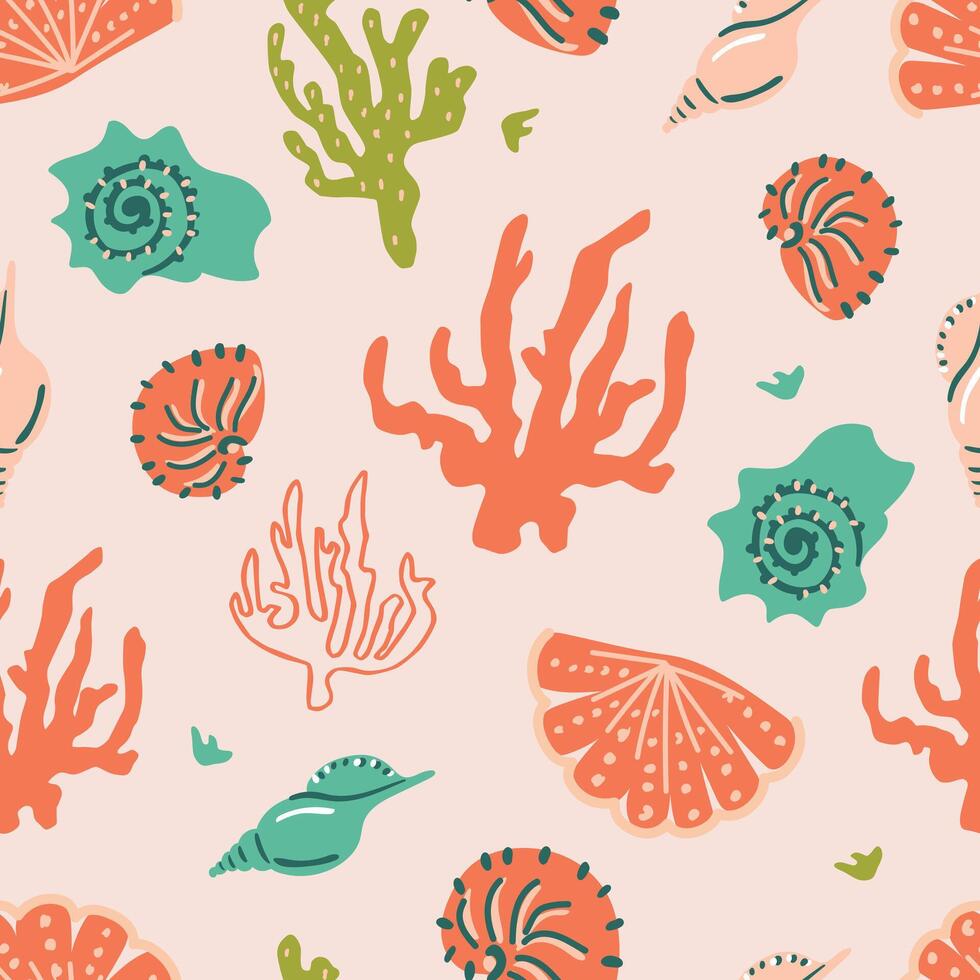 Marine seamless pattern. Underwater world. Shells background. vector