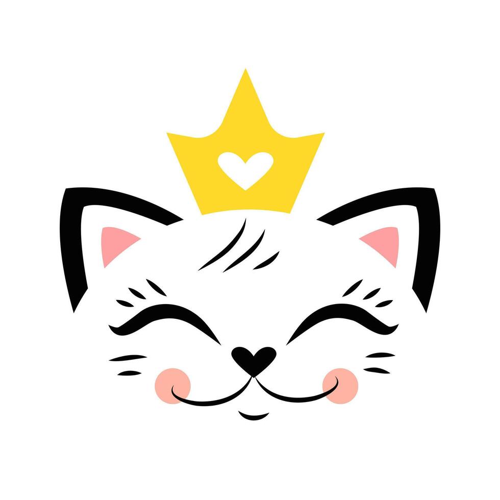 Cute Kitten head with heart crown. Little princess. children's illustration for printing on fabric and paper, T-shirts, postcards. vector