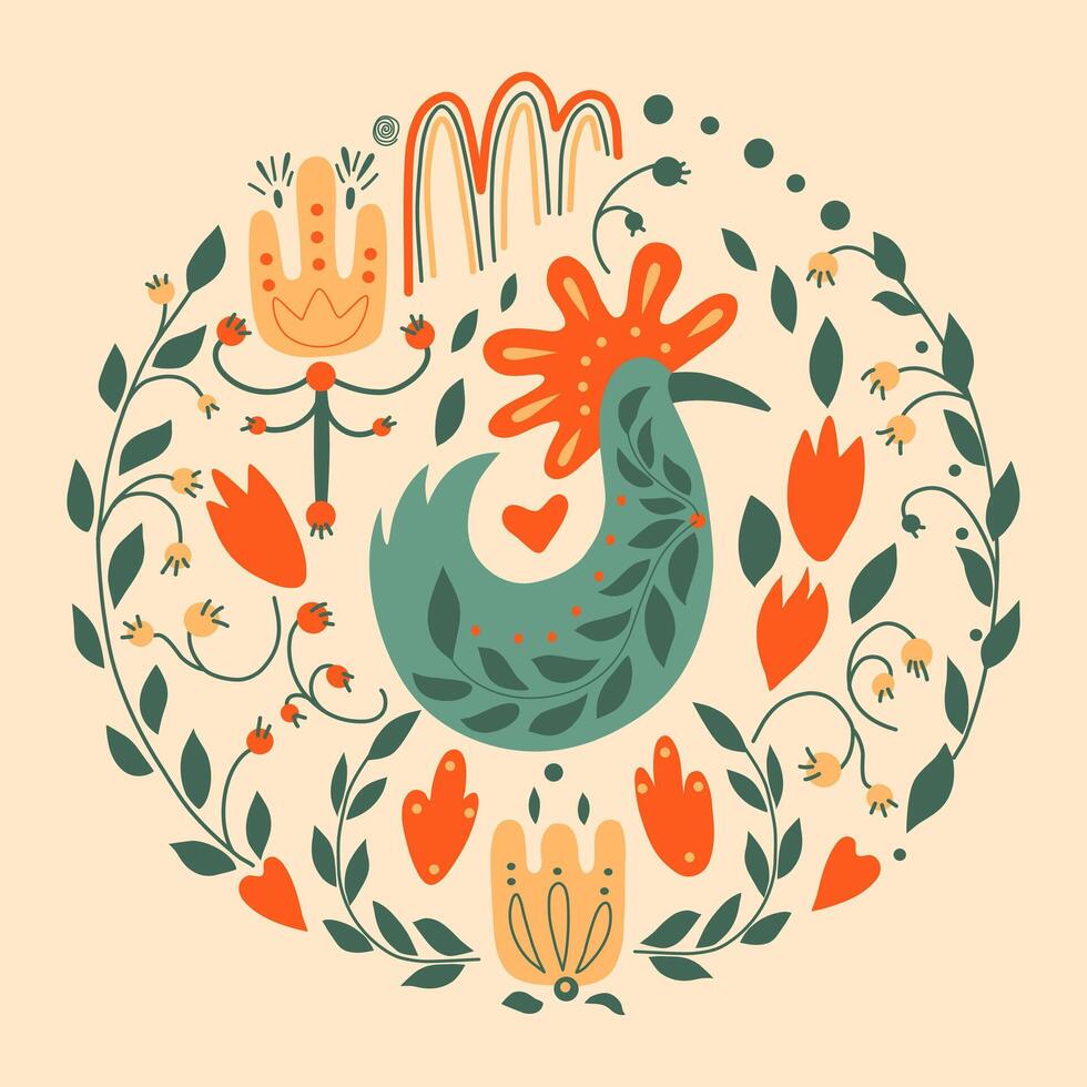 Folk ornamental bird and heart.Template illustration. Best for greeting card. vector
